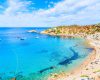 View of Cala d'Hort beach with beautiful azure blue sea water, Ibiza island, Spain